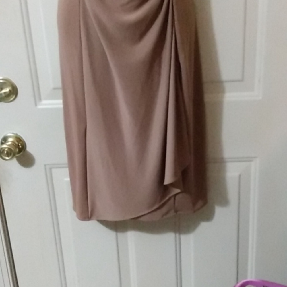 Elegant Draped V-Neck Dress in Tan - Picture 3 of 7